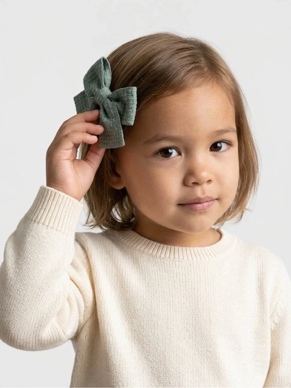 Handmade Sage Green Waffle Knit Hair Bow Clips Set of 2